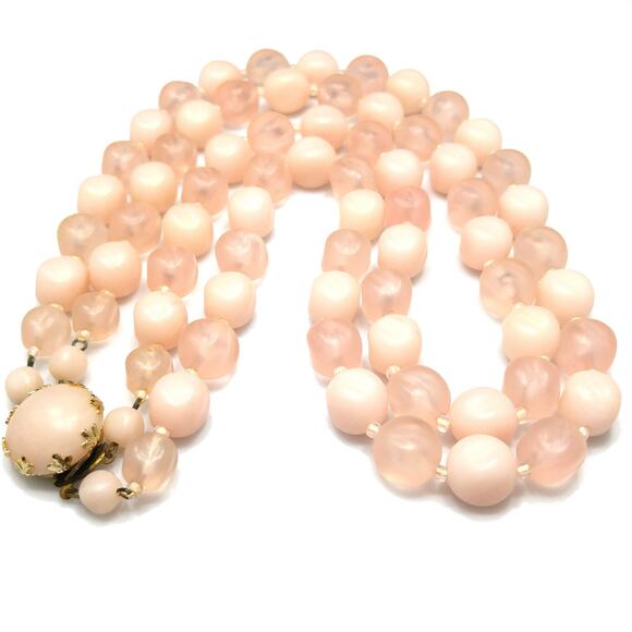 Vintage Austria Pink Lucite Bead Necklace Two Strand Frosted & Matte 1950s - Picture 7 of 10